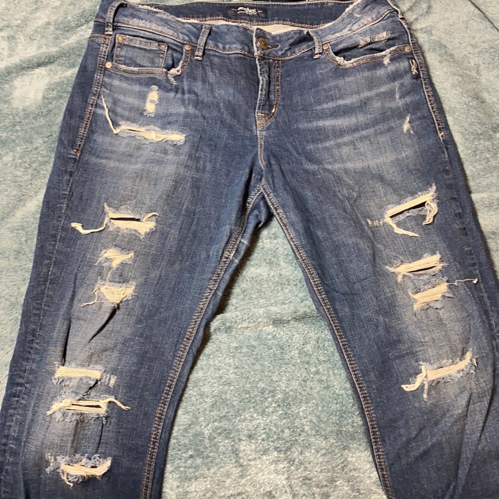 Silver jeans, patched holes, skinny jeans